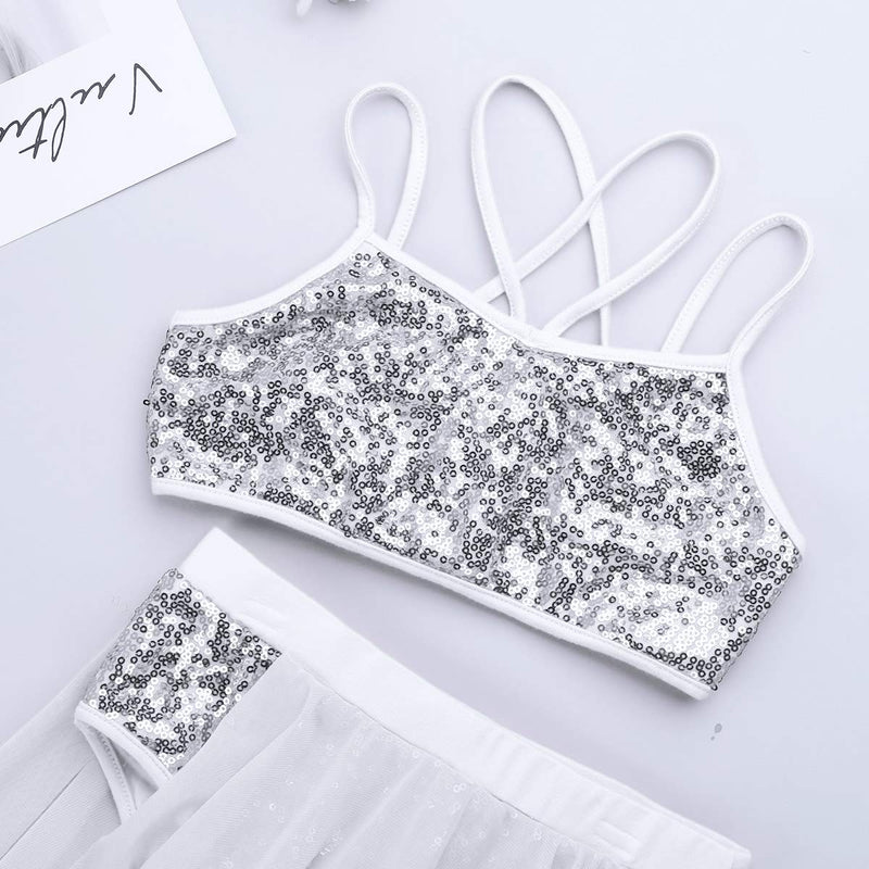 [AUSTRALIA] - inlzdz Kids Girls Two-Pieces Dance Set Shiny Sequins Crop Tops Irregular Skirts Lyrical Ballet Modern Dancewear Ivory 8 / 10 