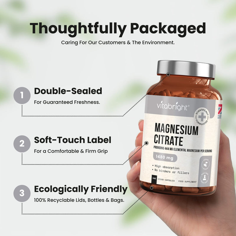Magnesium Citrate - 1480mg High Strength - 240 Capsules (4 Month Supply) - Vegan Premium Magnesium Capsules - Providing 444mg Elemental Magnesium Supplement - Made in UK by VitaBright - BeesActive Australia