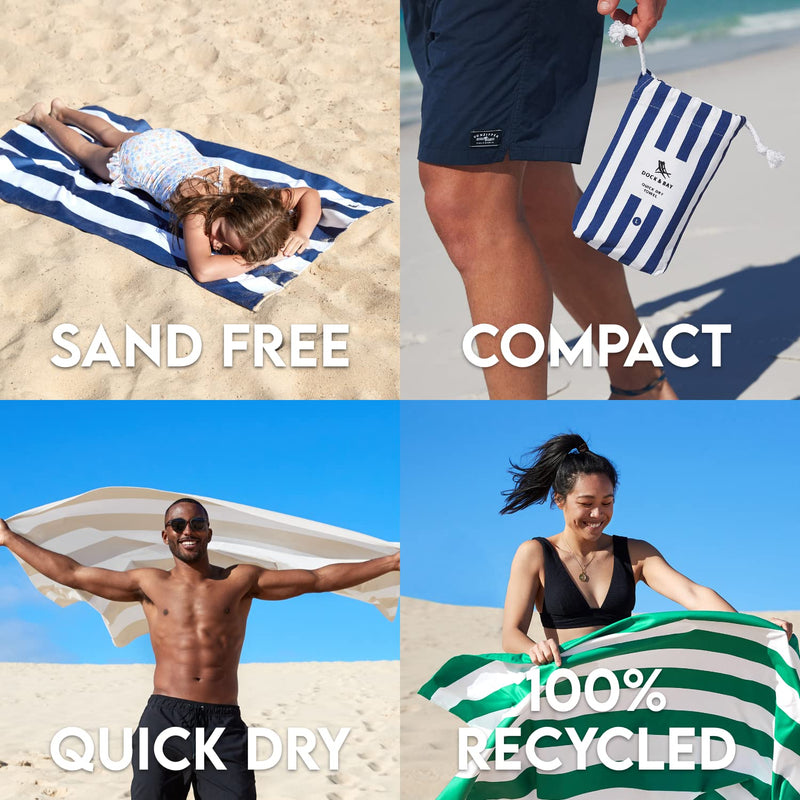 Dock & Bay Beach Towel - for Travel, Swimming, Camping, Holiday - Super Absorbent, Quick Dry, Sand Free - Compact, Lightweight - 100% Recycled Materials - Includes Bag Cabana - Bondi Blue Large (160x90cm, 63x35") - BeesActive Australia