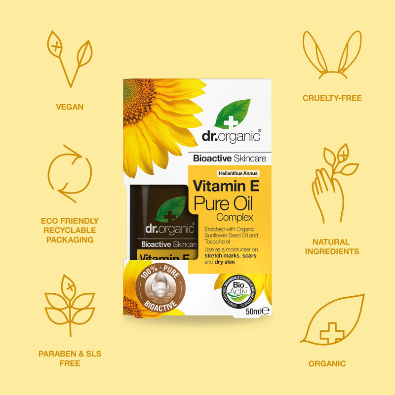 Dr Organic, Organic Vitamin E Pure Oil , Natural , Vegan , Cruelty Free , Paraben & SLS Free , 50 ml (Pack of 1) - BeesActive Australia