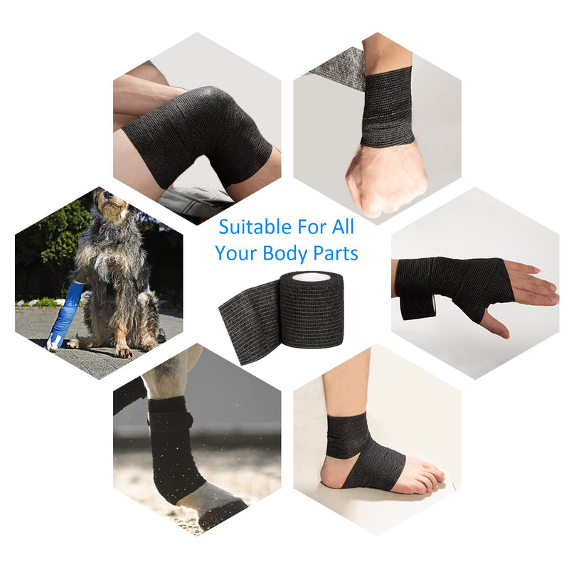 Cohesive Bandage Wrap 2" x 5 Yards, Self Adherent Vet Wrap 5CM x 4.5M Self Adhesive Bandage Tape for Wrist & Ankle Sprain Swelling Breathable Elastic Pet Bandage Tattoo Grip Cover Black (6 Roll) 6 Pcs - BeesActive Australia