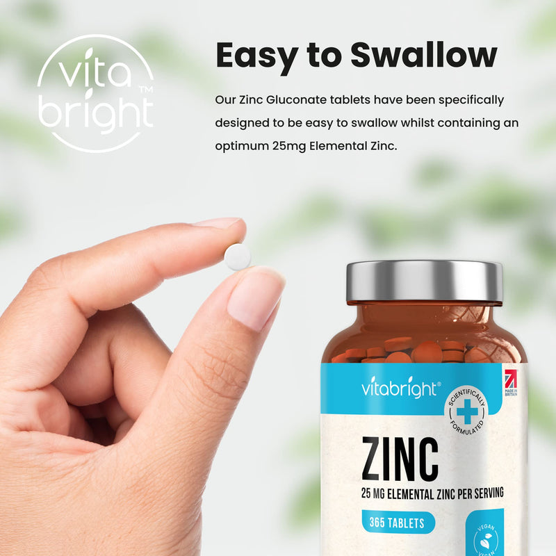 Zinc Tablets High Strength - 25mg Elemental Zinc � 365 Vegan Tablet Pills (1 Year Supply) � Zinc Gluconate - Chelated Zinc Supplements for Immune System, Hair, Skin, Bones, Nails � Made by VitaBright - BeesActive Australia