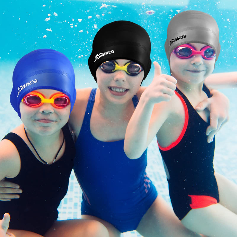 3 Pieces Swim Caps for Kids with 3D Ear Pocket, Swimming Cap Silicone Bathing Swimming Caps with 2 Pairs Ear Plugs Nose Clip for Women Men Kids Teens Adults - BeesActive Australia