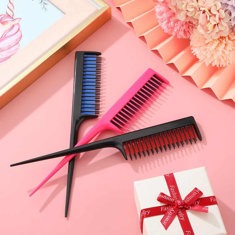 Leinuosen 3 Piece Triple Teasing Comb Rat Tail Tool and Structure Tease Layers Rattail for Women Back Combing Root Adding Volume Evening Styling (Black Red, Black Blue, Pink Black) Black and Red, Black and Blue, Pink and Black - BeesActive Australia