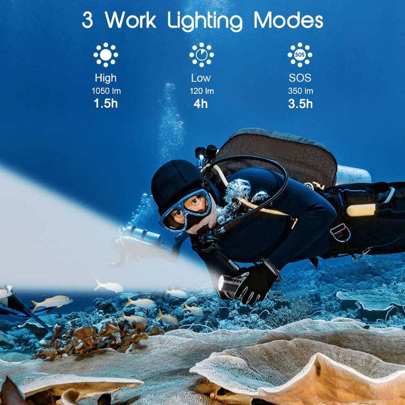 APLOS AP01 Diving Flashlight, XM-L2 5000k LED 1050 Lumen Scuba Dive Light, IPX8 Waterproof Underwater 100m 328ft Professional Submersible Light with Rechargeable Batteries and Charger - BeesActive Australia