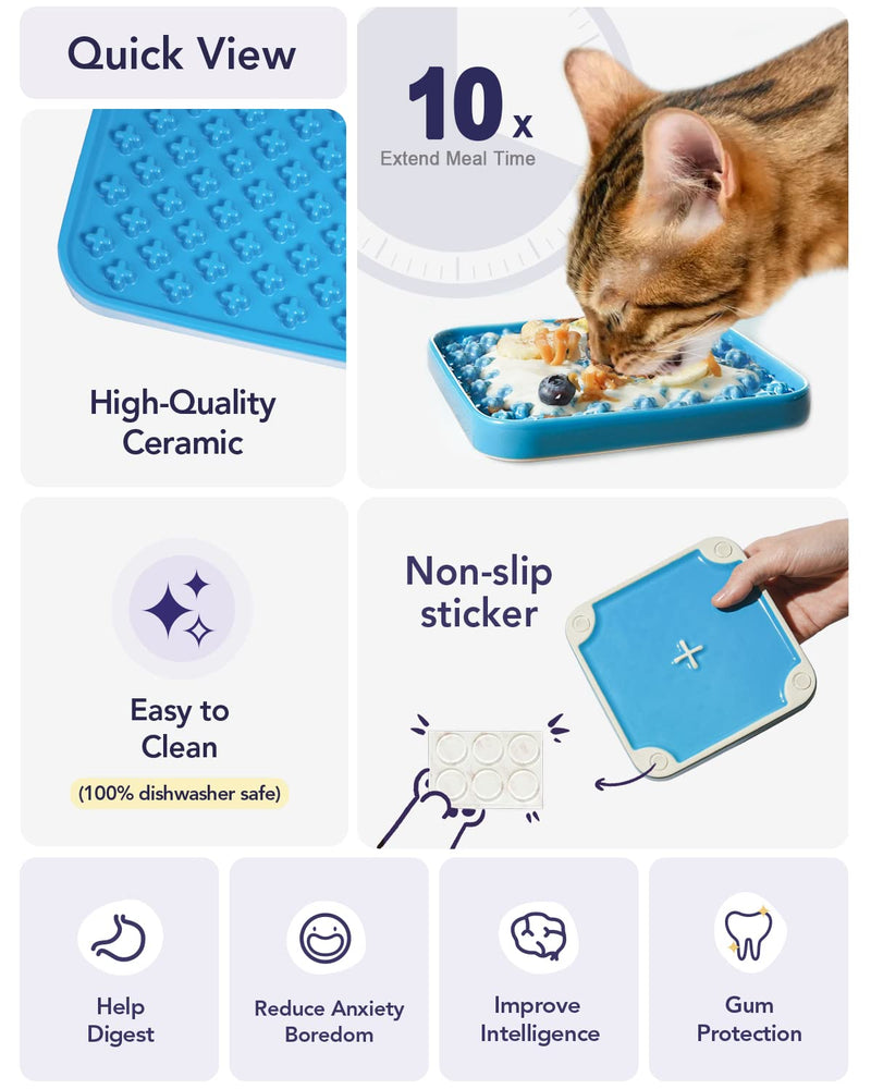 LE TAUCI PET Lick Mat for Wet Food and Dry Food Blue, 1.5 Cups Blue Ceramic Slow Feeder Bowl for Cat and Dog, Puzzle Feeder, IQ Pet Treat Mat, Slow Bowl, Puppy Bowl - BeesActive Australia