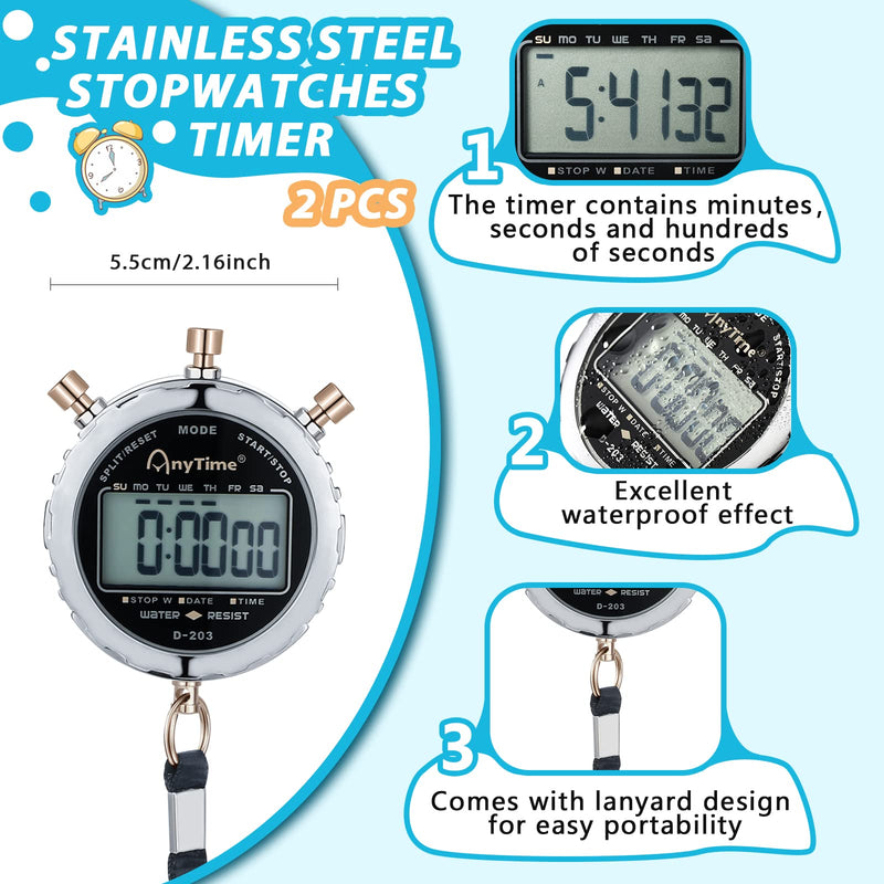 2 Pcs Metal Stop Watch Waterproof Digital Stopwatch Sports Stopwatch Timer 1/100th Second Workout Clock Metal Handheld Chronograph with Display and Buttons for Competition Training Timing - BeesActive Australia