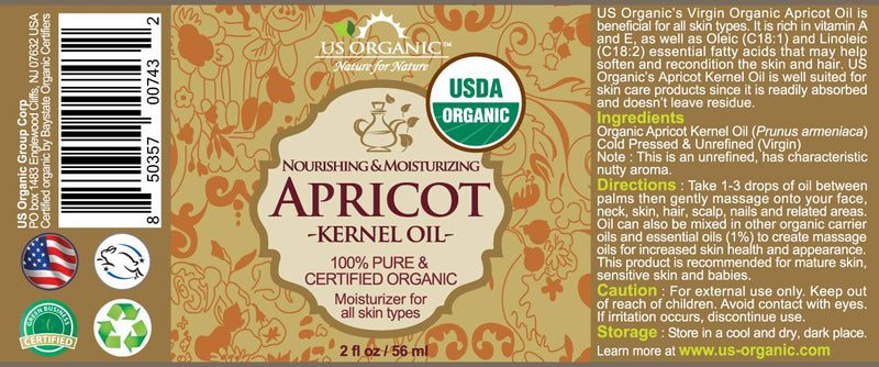 US Organic Apricot Kernel Oil, USDA Certified Organic,100% Pure & Natural, Cold Pressed Virgin, Unrefined in Amber Glass Bottle w/Glass Eyedropper for Easy Application (2 oz (Small)) 2 Fl Oz (Pack of 1) - BeesActive Australia