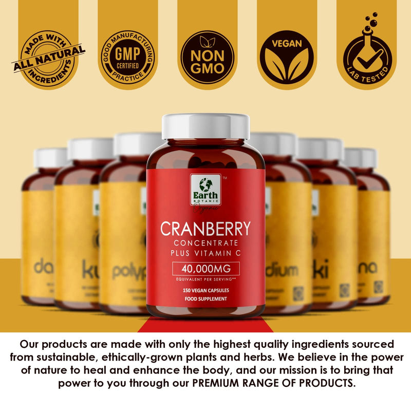Earth BOTANIC Organic Cranberry Capsules 40,000mg High Strength | 150 Concentrated Pills Cranberry Extract Complex with Vitamin C Supplements - BeesActive Australia