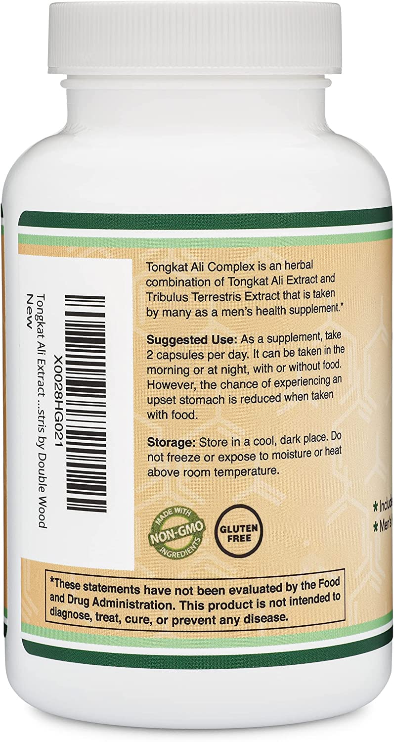 Tongkat Ali Extract 200 to 1 for Men (Longjack) Eurycoma Longifolia, 1020mg per Serving, 120 Capsules - Men's Health Support with 20mg Tribulus Terrestris (Third Party Tested) by Double Wood - BeesActive Australia