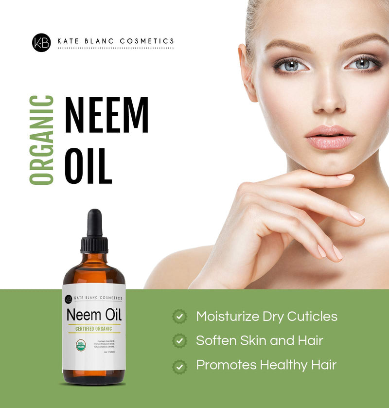 Organic Neem Oil (4oz) by Kate Blanc. USDA Certified Organic, Virgin, Cold Pressed, 100% Pure. Great for Hair, Skin, Nails, Acne and Plants. Natural Anti Aging Moisturizer - BeesActive Australia