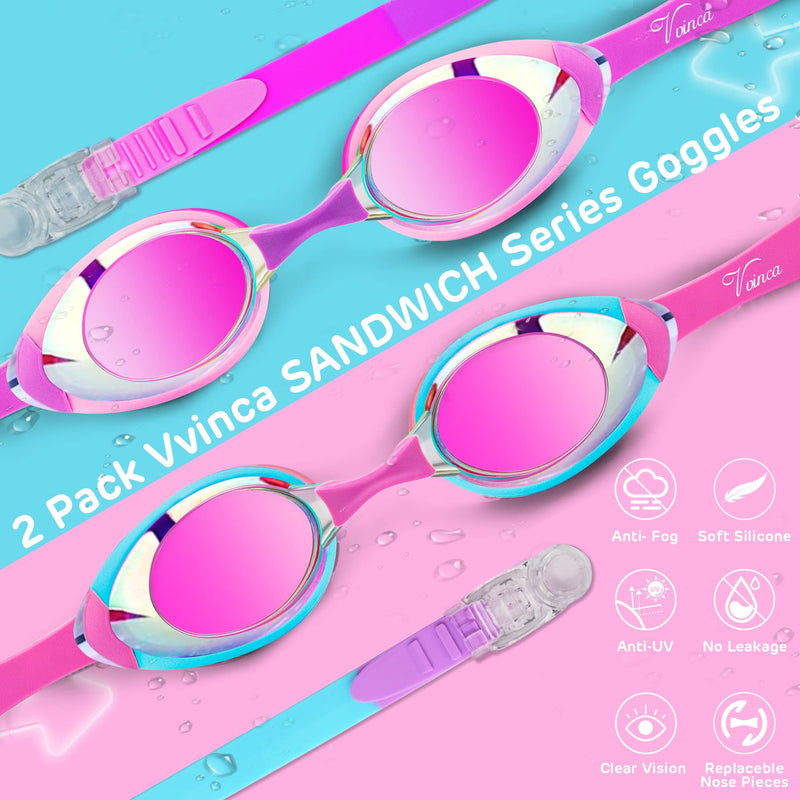 Vvinca Swimming Goggles 2 Pack Swim Goggles with 3 Nose Piece, Anti-Fog Anti-UV Silicone Pool Goggles Adult Women Men Youth C-2 Packs Mirrored Pink & Purple - BeesActive Australia