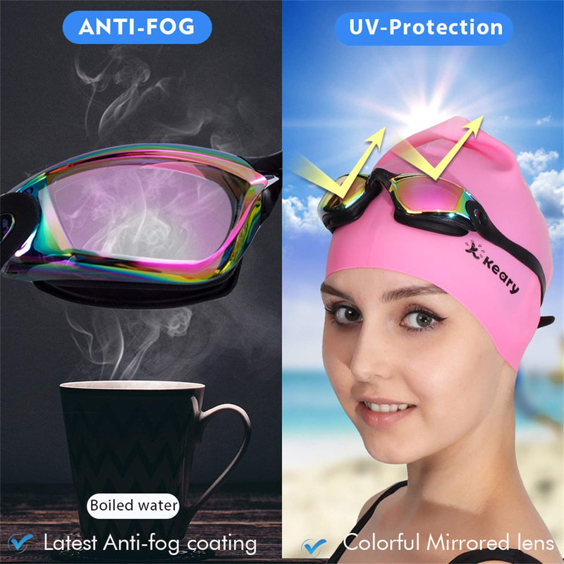 Keary 2 Pack Anti-Fog Swim Goggles for Adult Youth, Anti-UV Waterproof Triathlon Pool Goggles with 3 Nose Pieces Aqua/Pink(2 Pack) - BeesActive Australia