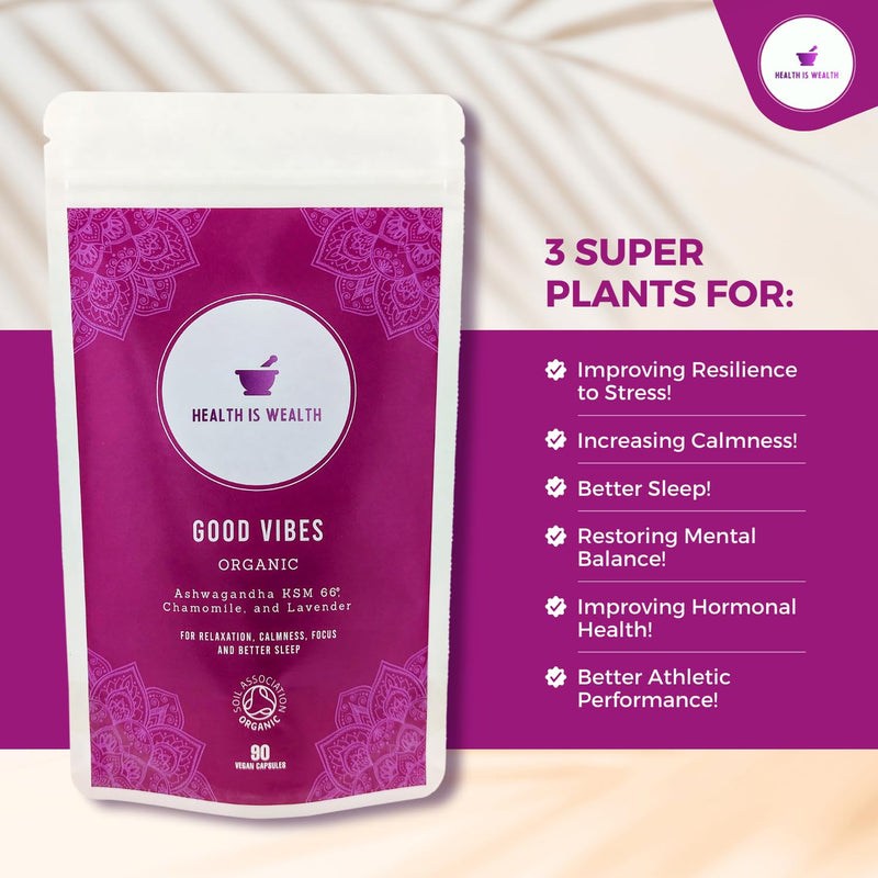 Organic KSM 66 Ashwagandha, Chamomile and Lavender - 90 Natural Capsules - Feel Calm, Lower Stress, Anxiety & Better Sleep - BeesActive Australia