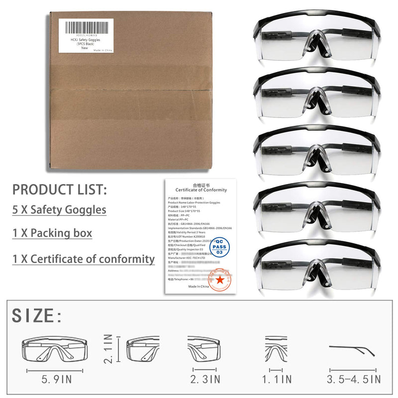 Safety Goggles, 5PCS Adjustable Wide-Vision Protective Glasses, Lightweight Fog-Proof Safety Goggles Black - BeesActive Australia