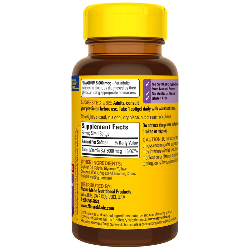 Nature Made Maximum Strength Biotin 5000 mcg Softgels, 120 Count Value Size for Supporting Healthy Hair, Skin and Nails 120 Count (Pack of 1) - BeesActive Australia
