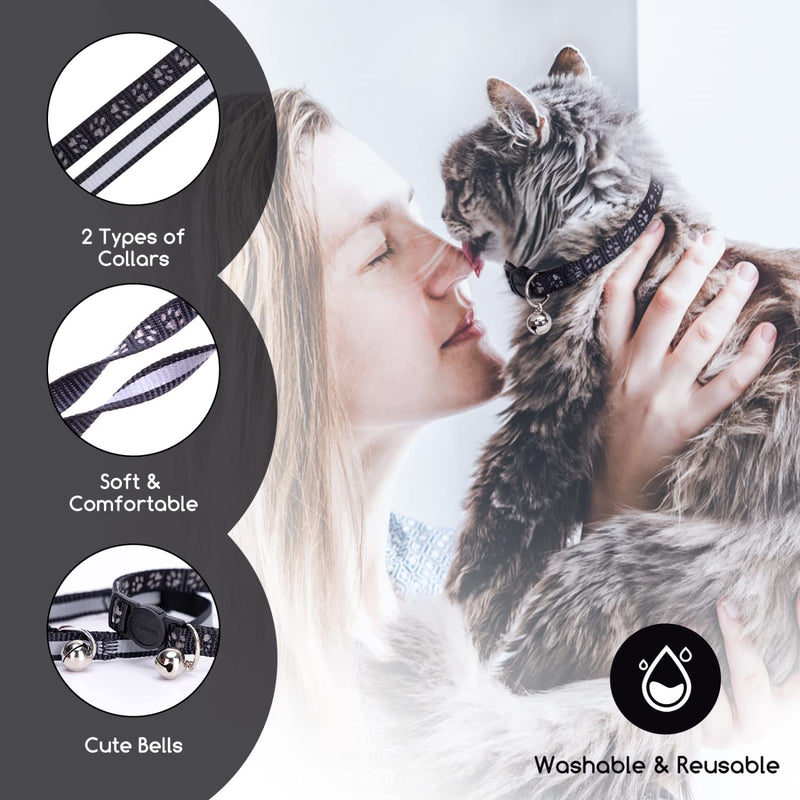 Nobleza Kitten Collar with Bell, 2 Pack Breakaway Cat Collars with Safe Quick Release Buckle, Paw Print & Strip Reflective Adjustable Soft Pet Collar Black - BeesActive Australia