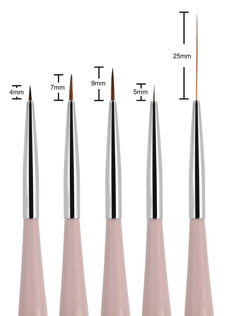 Beaute Galleria 5 Pieces Nail Art Brush Set with Liners (4mm, 7mm, 9mm) Striping Brushes (5mm, 25mm), for Thin Fine Line Drawing, Detail Painting, Striping, Blending, One Stroke - BeesActive Australia