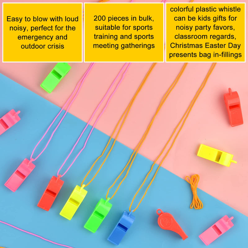 200 Pieces Plastic Whistles with Lanyard Loud Whistles in Bulk for School Trainning Christmas Birthday Party Goody Bag Fillers colorful - BeesActive Australia