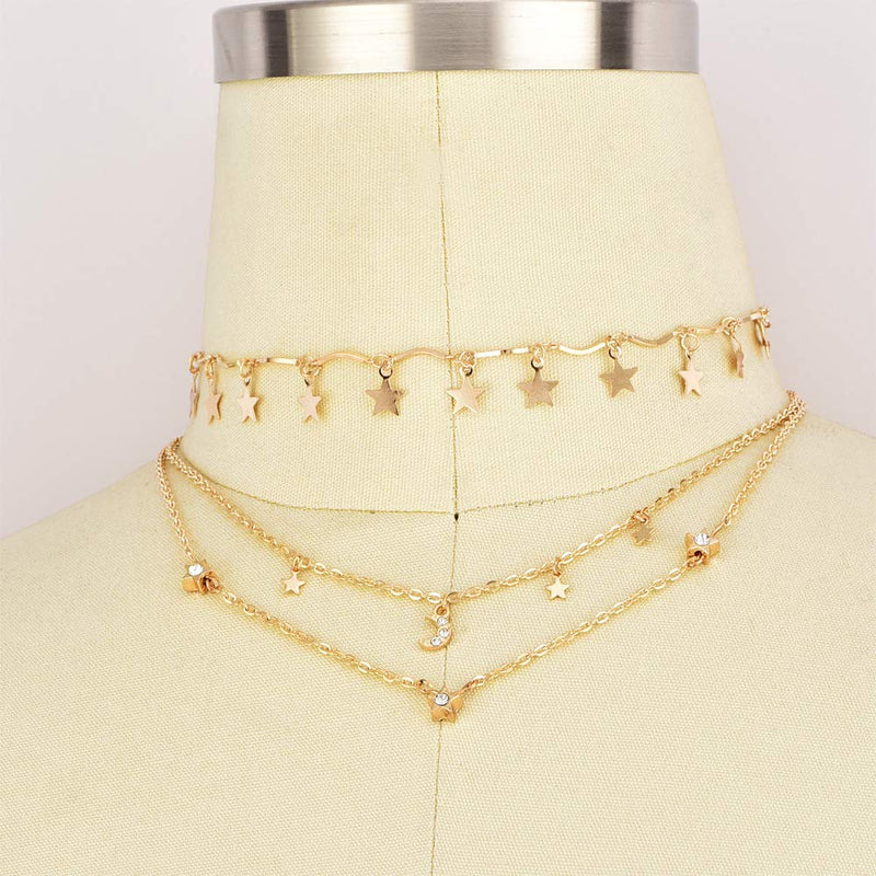 Wekicici Gold Stars Tassel Choker Multi Layer Necklace with Crystal Moon Pendant Dainty Boho Trendy Jewelry - BeesActive Australia