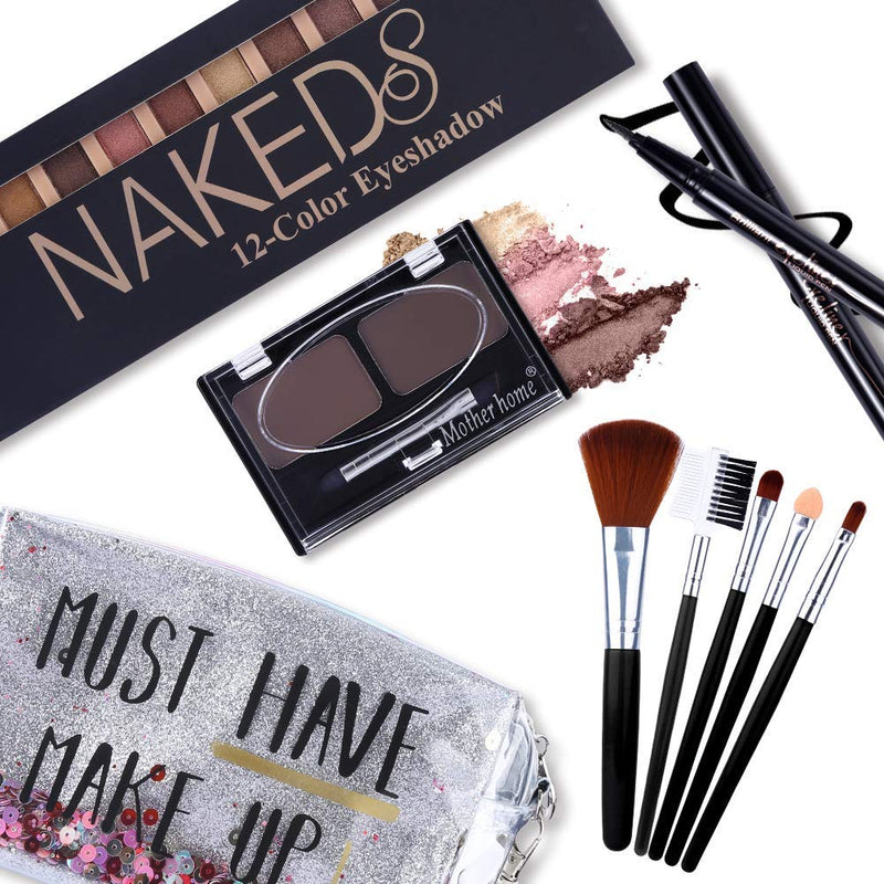 All in One Makeup Kit,12 Colors Naked Shimmer Eyeshadow Palette, Waterproof Black Eyeliner Pencil, Duo Pressed Eyebrow Powder Kit, 5 Brushes With Quicksand Cosmetic Bag Gift Set (Silver Packaging) Silver - BeesActive Australia