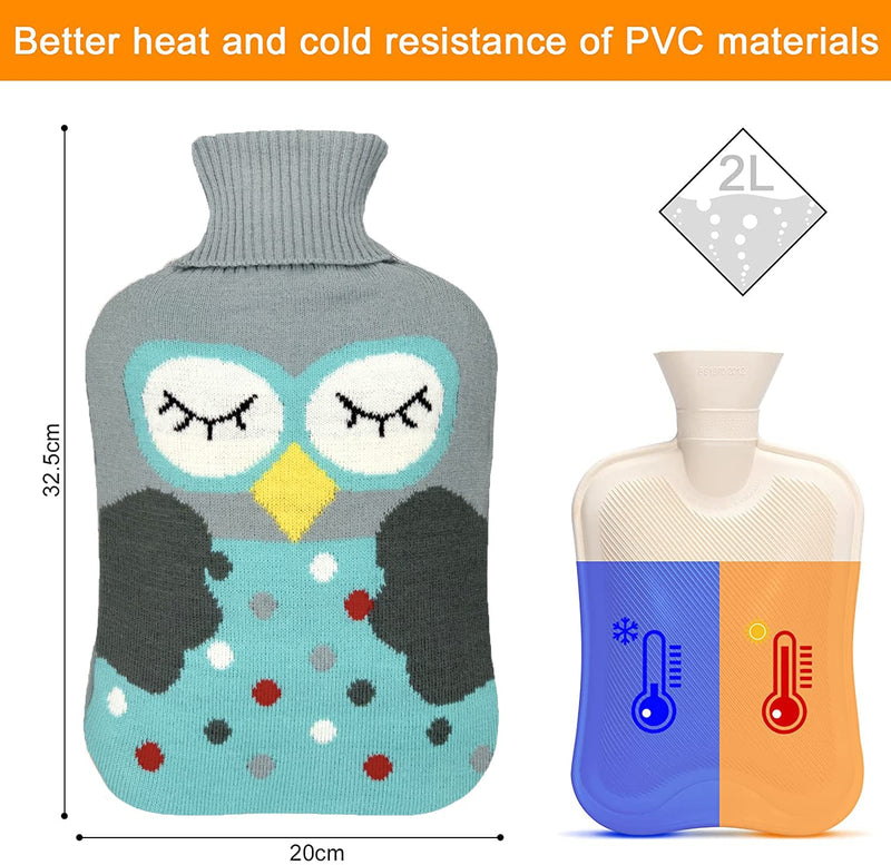 OliviaLiving Hot Water Bag Hot Water Bottle 2000ML Heat Up and Refreezable Hot Cold Pack with Knit Cover, Cartoon Owl Blue - BeesActive Australia