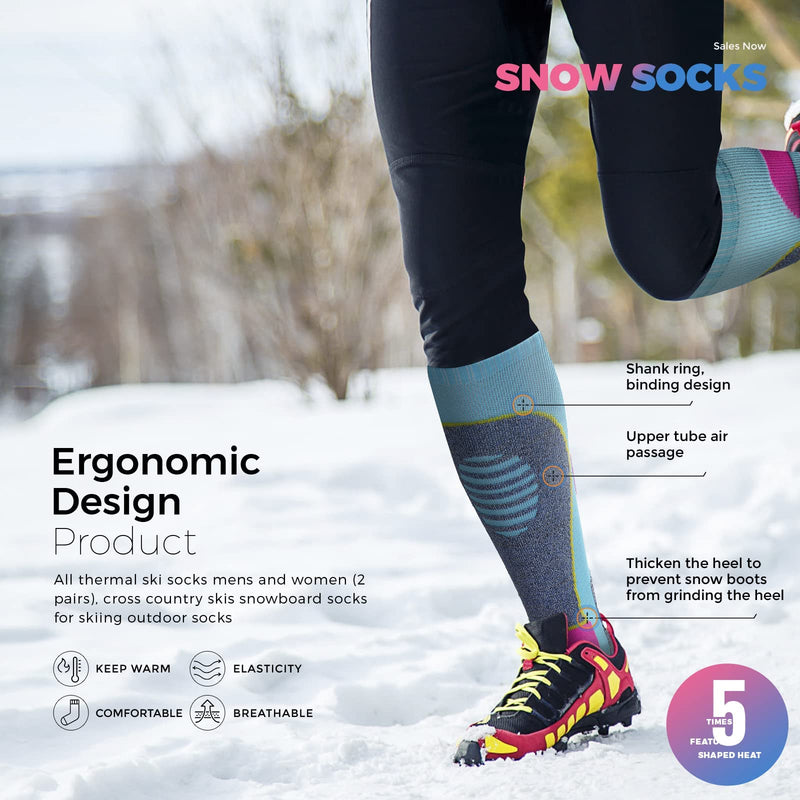 AII Thermal Ski Socks Mens and Women（2 Pairs）,Cross Country Skis Snowboard socks for Skiing Outdoor socks 1purple+1blue Large - BeesActive Australia