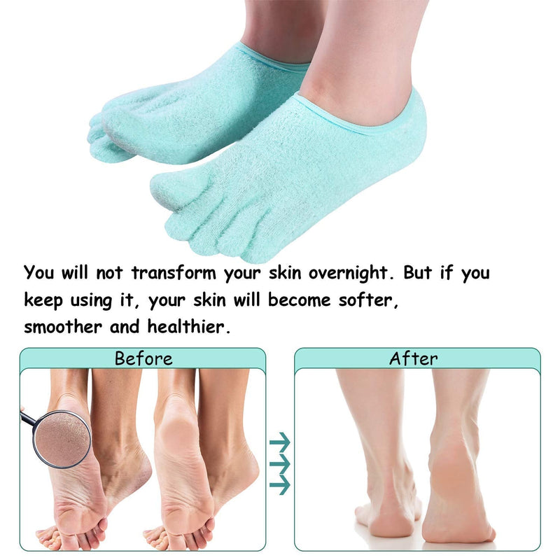 5-Toe Gel Moisturizing Socks for Men and Women by JERN to Repair Dry Feet, Cracked Heels, Rough Skin, Calluses, Cuticles - Foot Spa Socks with Essential Oils Used with Lotions for Pedicure Soft Skin Aqua Green - BeesActive Australia