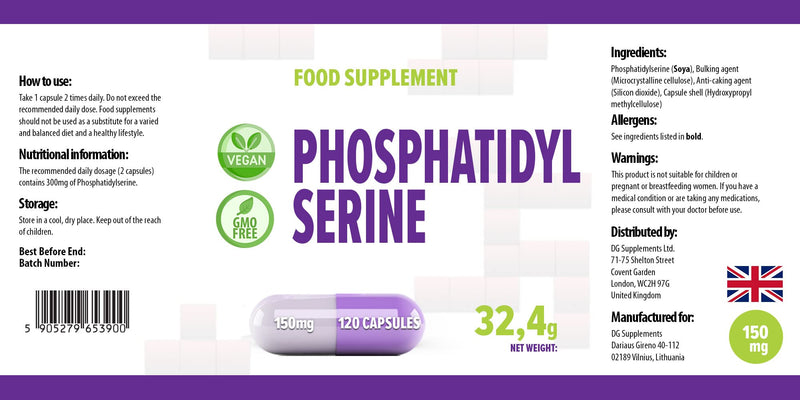 Phosphatidylserine 150mg 120 Vegan Capsules, Certificate of Analysis by AGROLAB Germany, High Strength Supplement, Gluten and GMO Free - BeesActive Australia