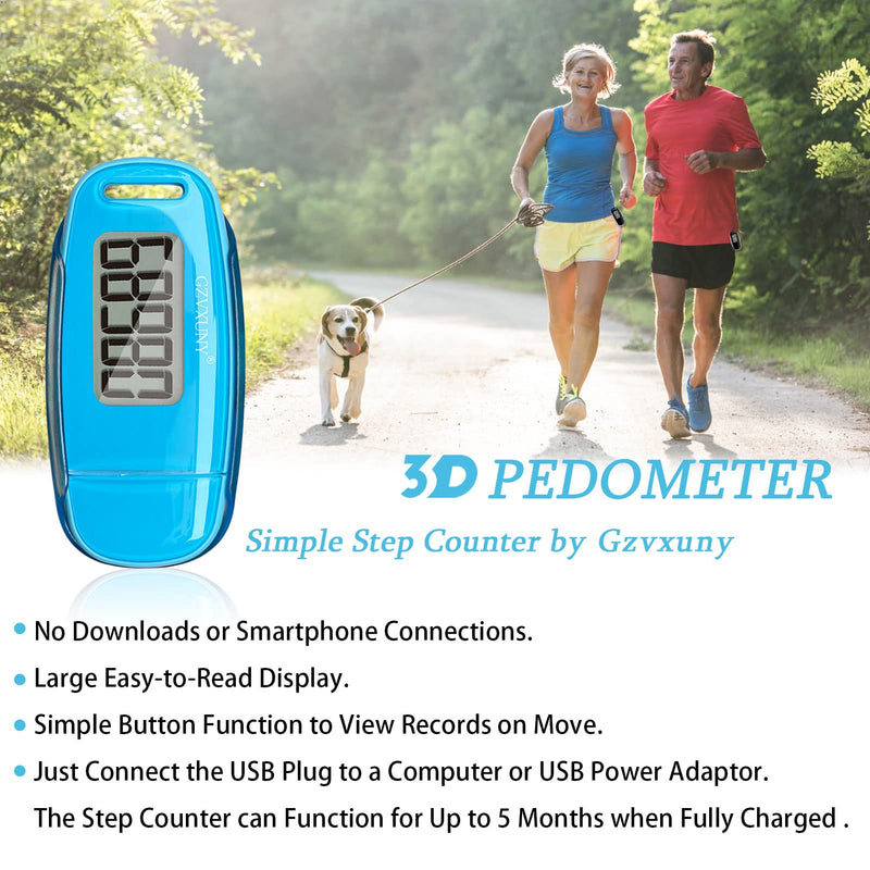 3D Pedometer Clip On, Simple Walking Step Counter with Backlight, USB Rechargeable Accurate Step Counter, Daily Target Monitor, Exercise Time (Blue) - BeesActive Australia