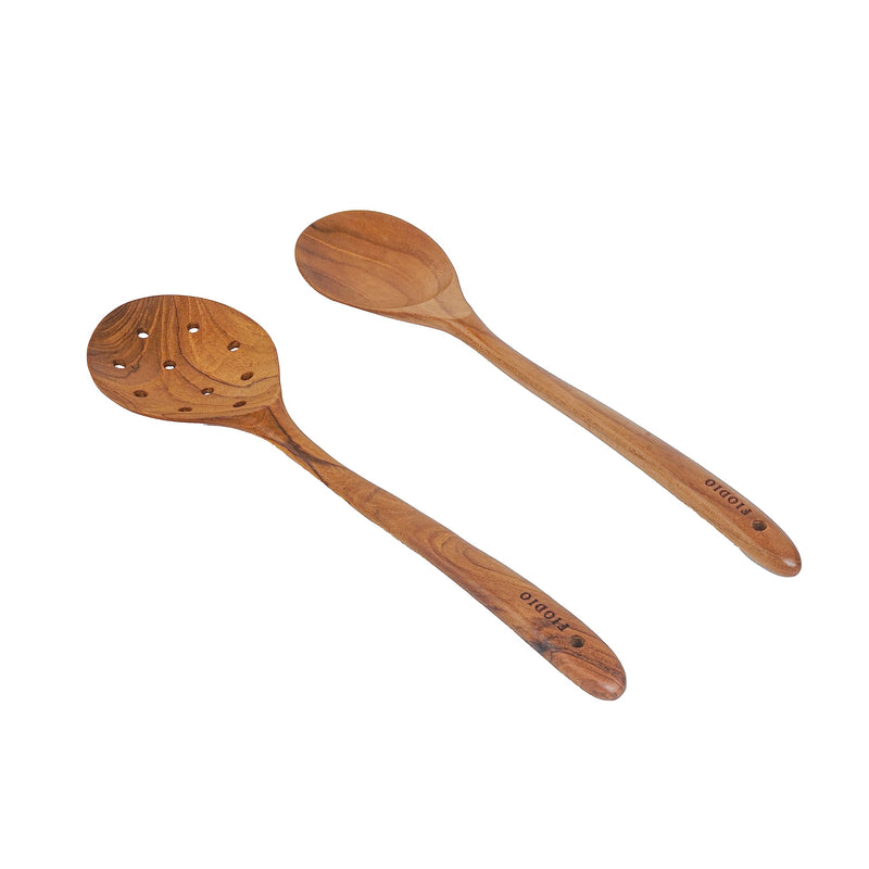 2 Pcs 13.5 Inch Teak Wooden Spoon - Mixing Slooted Spoon Heat Resistant Healthy Cooking Tools Handcrafted by Fiodio Home (Spoon & Round Slotted) Spoon & Round Slotted - BeesActive Australia