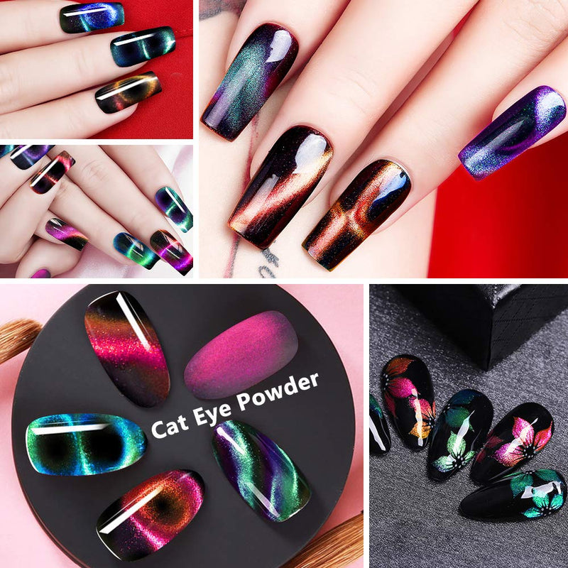 Cat Eye Chrome Nail Powder - 3Pc Get Cat Eye Effect and Chameleon Mirror Effect, 9D Galaxy Gem Glitter Metallic Manicure Pigment with Bonus Black UV Gel and Magnetic Stick - Unique DIY Set - BeesActive Australia