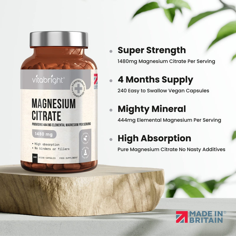 Magnesium Citrate - 1480mg High Strength - 240 Capsules (4 Month Supply) - Vegan Premium Magnesium Capsules - Providing 444mg Elemental Magnesium Supplement - Made in UK by VitaBright - BeesActive Australia