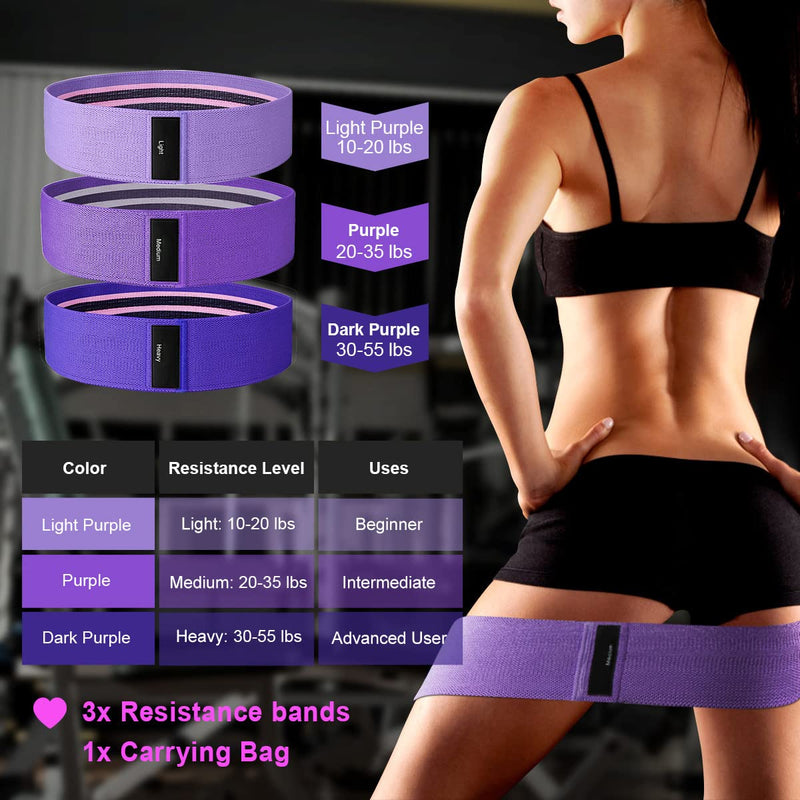 Fabric Resistance Bands, Exercise Band [Set of 3] Workout Fitness Bands for Hips & Glutes, Non-Slip Booty Bands for Women / Men / Beginners / Athletes Strength Training,Yoga,Pilate,Fitness Light purple, Purple, Dark purple - BeesActive Australia