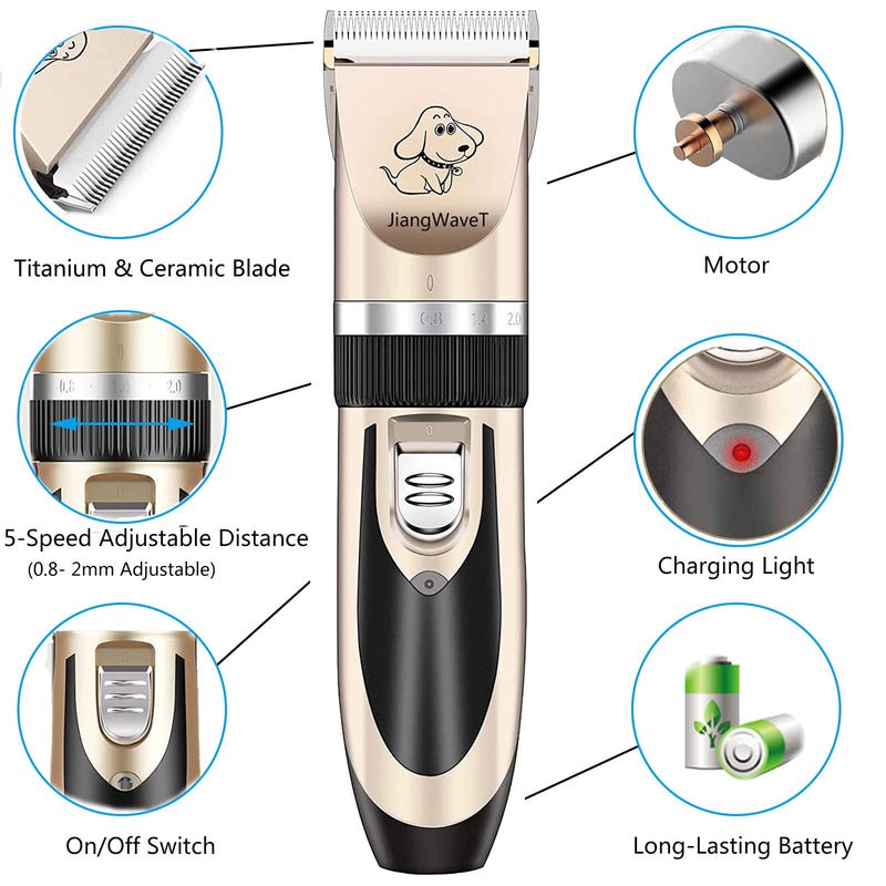 JiangWaveT Dog Cat Clippers Grooming Kit - Professional Cordless Rechargeable Dog Clippers，Low Noise & Suitable Horse Cat Dog Hair Clippers Shaver Tools Gold - BeesActive Australia