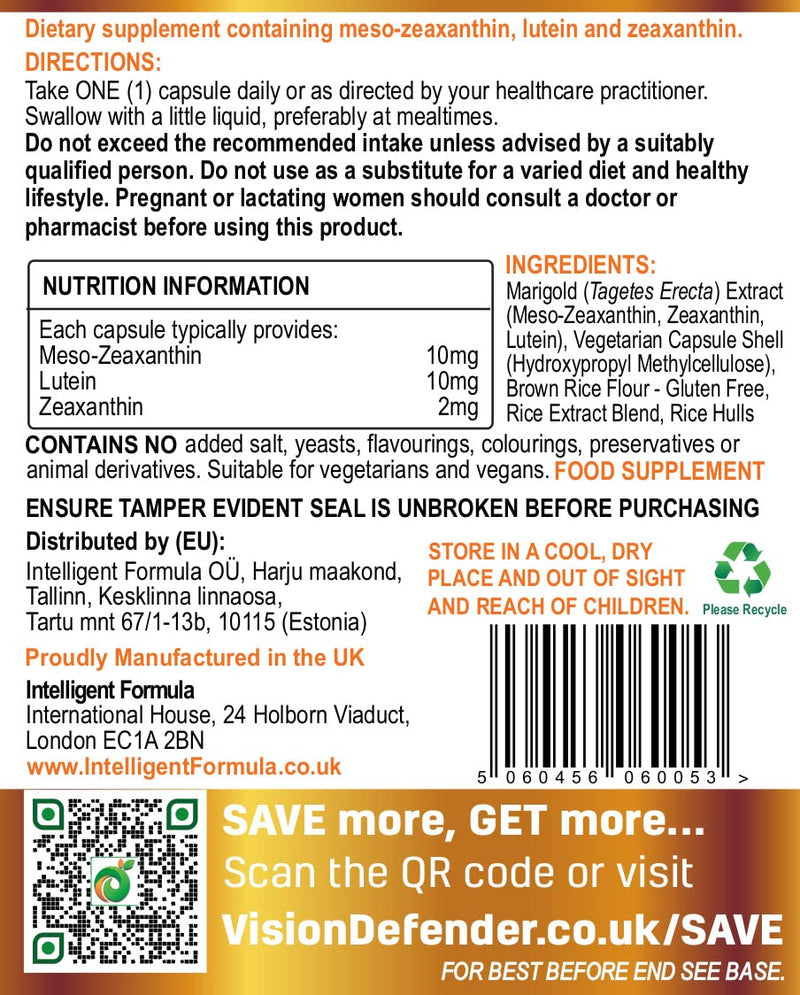 Lutein, Zeaxanthin & Meso-Zeaxanthin Eye Supplement: Vision Defender MAC � Antioxidant Carotenoids �Eye Vitamins� for Eyesight, Eye Care & Health - Vegan/Vegetarian - 90 Capsules/One-A-Day -Made in UK - BeesActive Australia