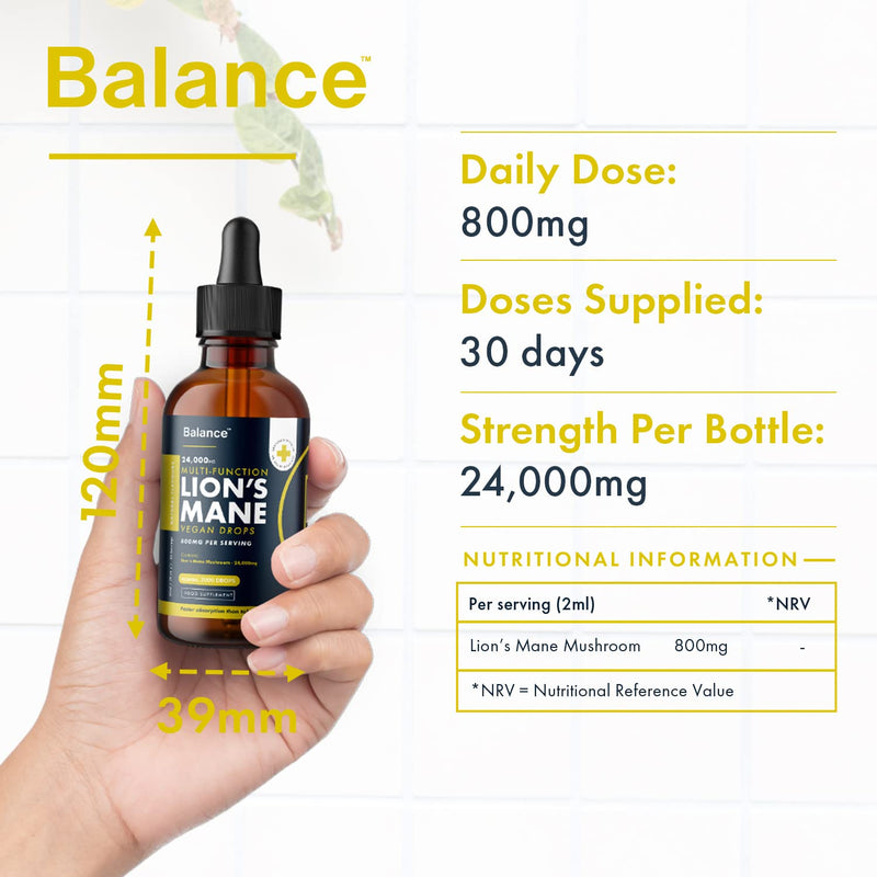 Lion's Mane Liquid Drops - High Strength 800mg - Vegan - 1 Month Supply - 30 Servings - 24,000mg per 60ml Dropper Bottle - Premium Lions Mane Extract for Fast Absorption - Made in UK by Balance - BeesActive Australia