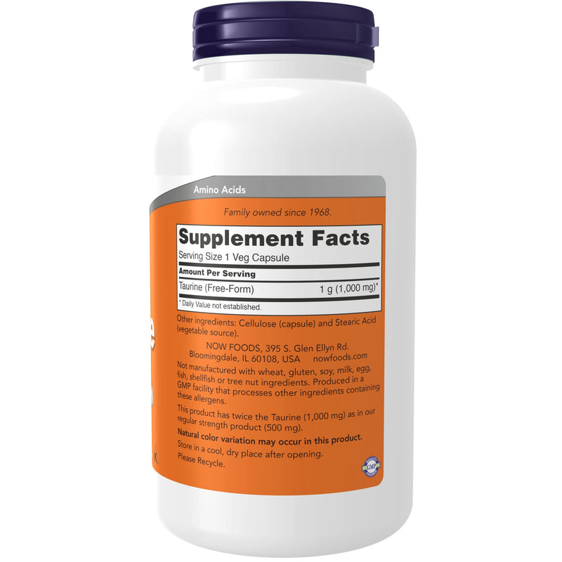 NOW Supplements, Taurine 1,000 mg, Double Strength, Nervous System Health*, 250 Veg Capsules 250 Count (Pack of 1) Standard Packaging - BeesActive Australia