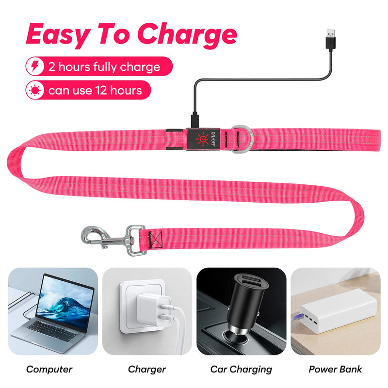 KOSKILL 4 Ft Led Dog Leash, Rechargeable Light Up Dog Leash Waterproof, Safety Glow in The Dark Dog Leash for Night Walking, Nylon Reflective Leashes with Padded Handle for Small Medium Large Pets Pink - BeesActive Australia