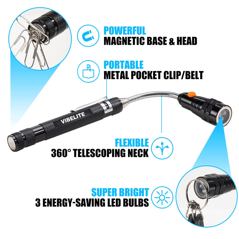 VIBELITE Magnet 3 LED Magnetic Pickup Tool, Telescoping Flexible Extendable Led Flashlights, Perfect Mechanic Pick-up Tools Gifts for Men Dad Women, Birthday Gifts for Him, 1 Pack Magnetic Tool - BeesActive Australia