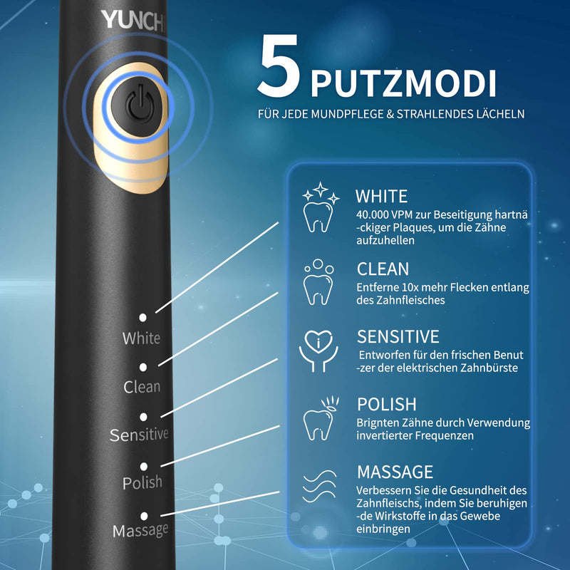 Sonic Electric Toothbrush for Adults with 8 Charcoal Brush Heads, YUNCHI Y2 Sonic Toothbrushes Rechargeable Toothbrush Electric with 5 Modes, 40000 VPM, Smart Timer/4 Hours Charging Last 30 Days Black White - BeesActive Australia