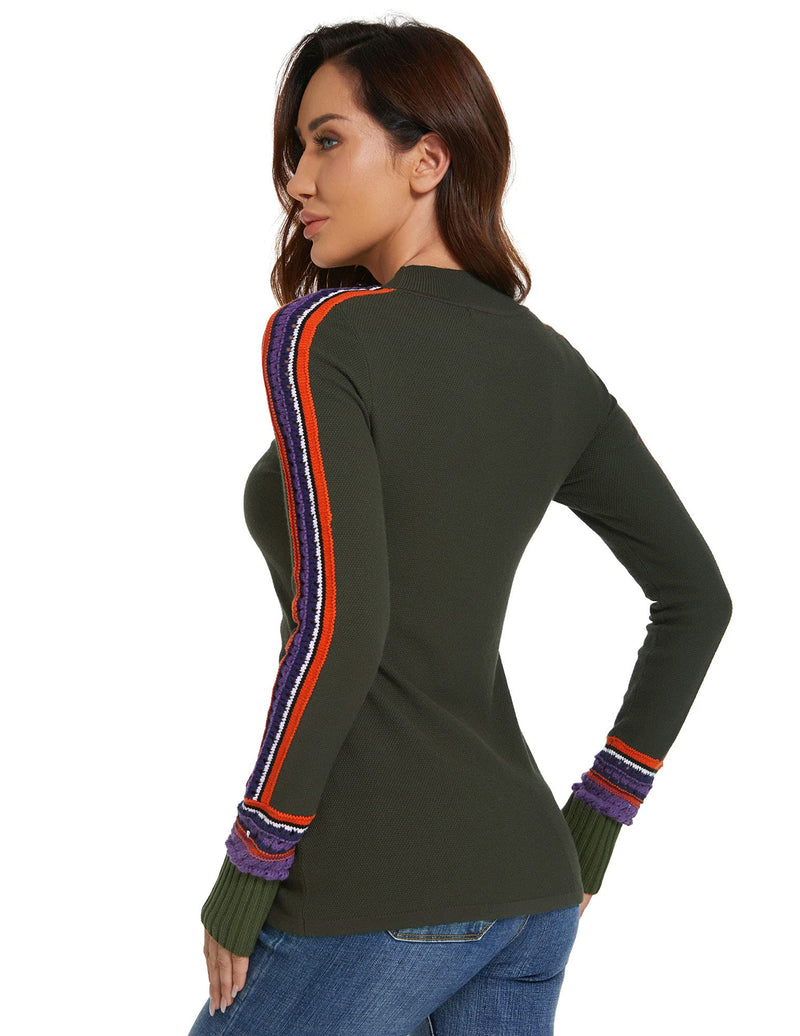 AmélieBoutik Women Mock Neck Fair Isle Trim Long Sleeve Pullover Knit Sweater Small Dark Olive Green - BeesActive Australia