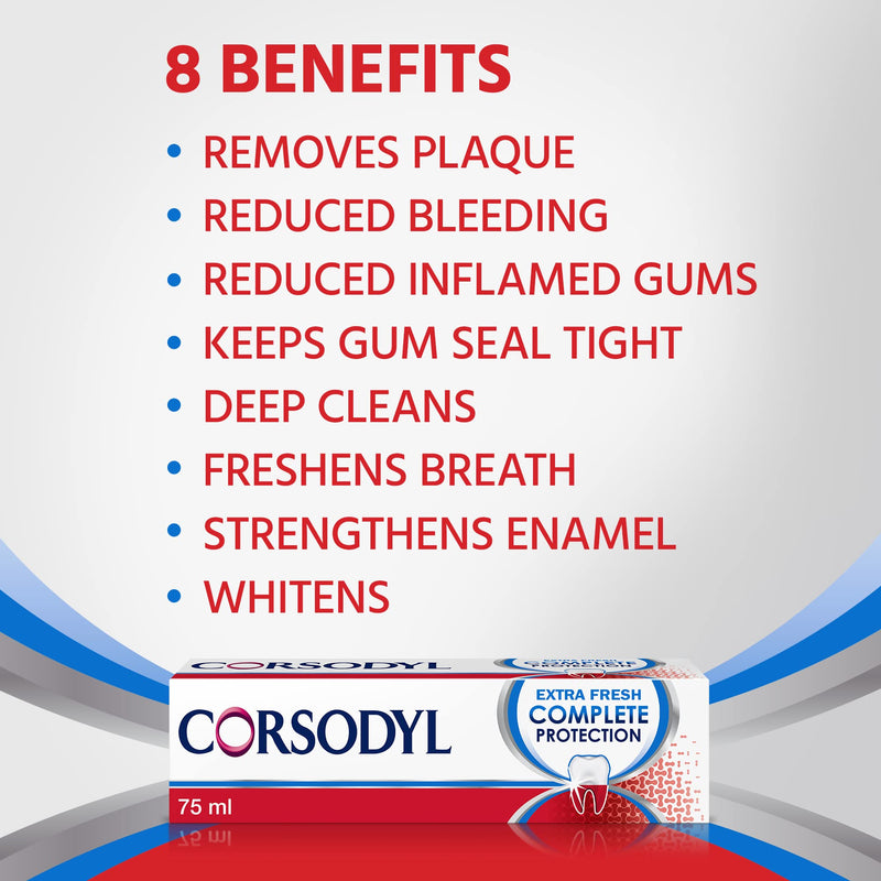 Corsodyl Complete Protection Toothpaste, Extra Fresh, Gum care, Fluoride Toothpaste, 4x75ml - BeesActive Australia