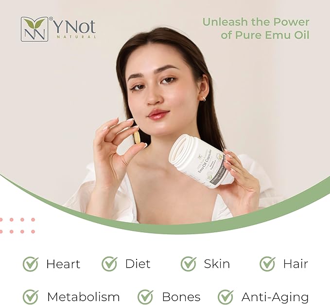 Y Not Natural 100% Pure Emu Oil Capsules 1000mg (100 Capsules) | Dietary Supplement for Heart Health, Joint Support, Metabolism and Hair Growth Omega 3, 6, 9, Vitamin K2, CLA - BeesActive Australia