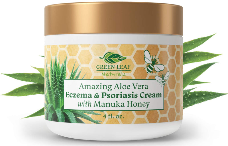 Amazing Aloe Vera Eczema and Psoriasis Cream with Manuka Honey by Green Leaf Naturals - Soothing Natural Relief for Dry Itchy Flaky Scalp, Skin Rash, Redness, Rosacea, Seborrhea, Dermatitis - 4 oz - BeesActive Australia