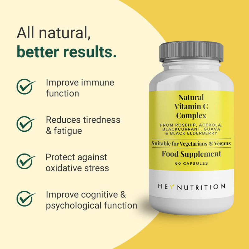 Hey Nutrition Natural Vitamin C 250mg Complex from Rosehip, Acerola, Blackcurrant, Guava, and Elderberry - Immune Function, Stress, Metabolic Health, & Fatigue - Non-GMO, 60 Vegan Capsules - BeesActive Australia