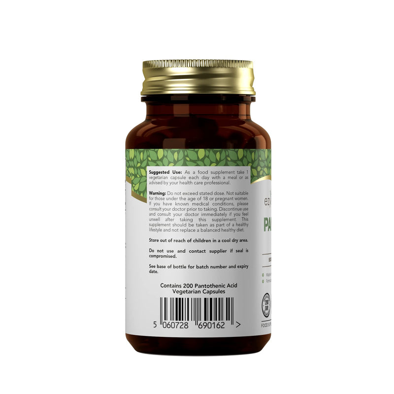 Ezyleaf Pantothenic Acid 500mg Supplement | 200 High Strength Vitamin B5 Capsules - Vitamin B5 Pantothenic Acid Capsules | Pantothenic B5 Acid | ISO Certified, Non-GMO Gluten & Allergen Free | UK Made - BeesActive Australia