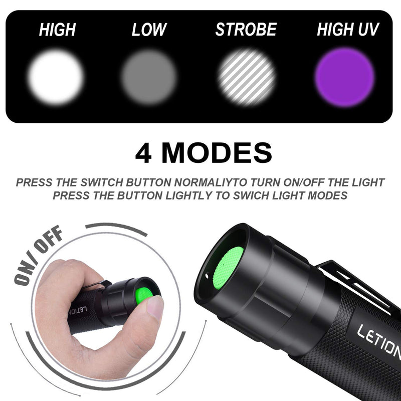 LETION UV Flashlight, LED UV Torch 2 in 1 UV Black Light with 500LM Highlight & 4 Mode & Waterproof for Pet Clothing Food Fungus Detection/Night Fishing/Travel - BeesActive Australia