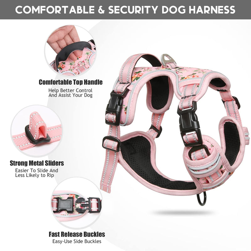 Timos No Pull Dog Harness,NO Need Go Over Dogs Head 3 Snap Buckles Reflective Oxford No Choke Puppy Harness with Front & Back 2 Metal Leash Clips Soft Padded Vest Harnesses for Small Medium Large Dogs Small (Pack of 1) Pink - BeesActive Australia