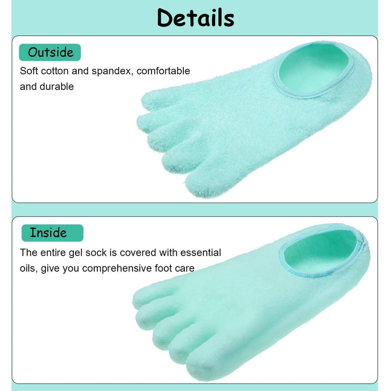 5-Toe Gel Moisturizing Socks for Men and Women by JERN to Repair Dry Feet, Cracked Heels, Rough Skin, Calluses, Cuticles - Foot Spa Socks with Essential Oils Used with Lotions for Pedicure Soft Skin Aqua Green - BeesActive Australia